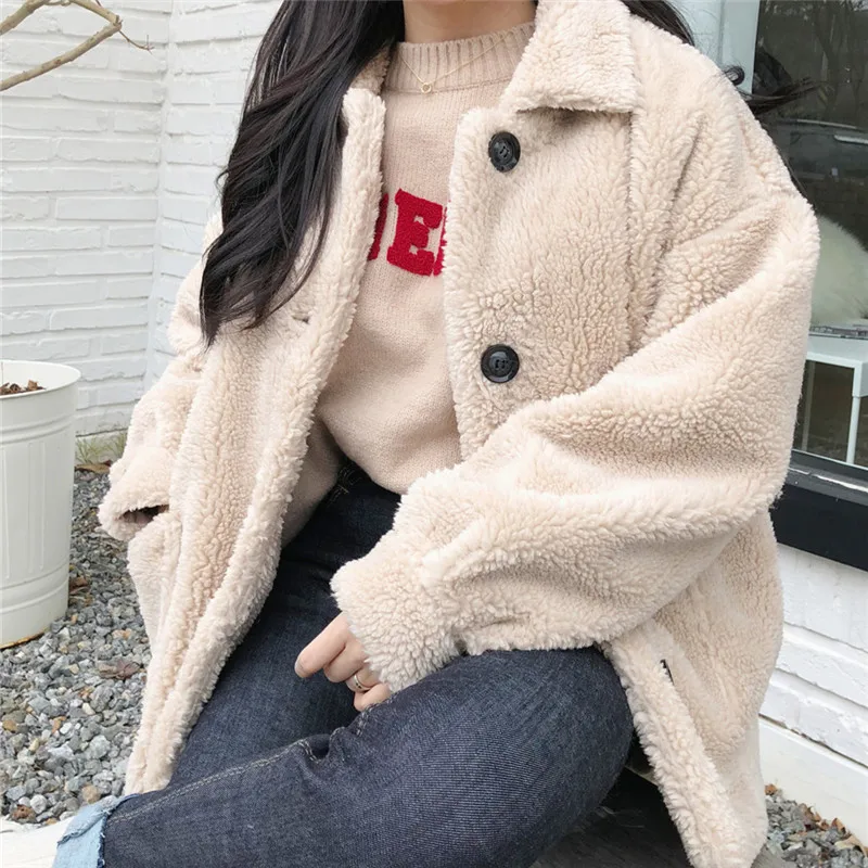 

2019 Autumn And Winter New Short-height Single Breasted Square Collar Thick Lamb's Wool Coat Women's Lambs Wool Warm Students To