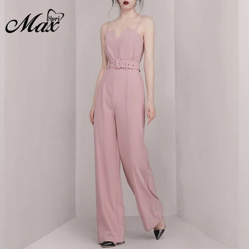 

Max Spri 2019 New Sexy Sling V-neck High Waist Fashion Wide Leg One-Piece Trousers Office Lady Jumpsuit With Sashes