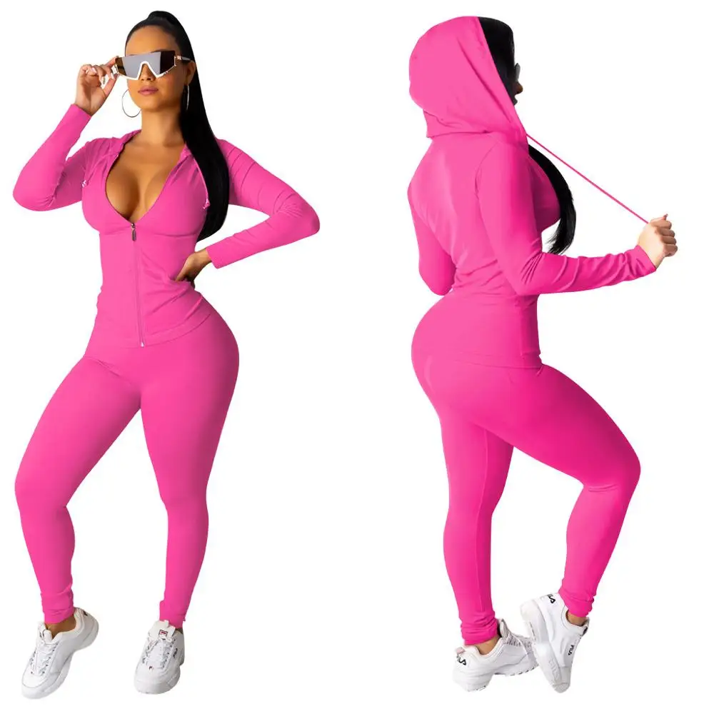 rose red Adogirl женский спортивный костюм комплект из двух предметов на молнии с длинным рукавом толстовки с капюшоном Топ+ длинные штаны для фитнеса спортивный комплект - Цвет: rose red