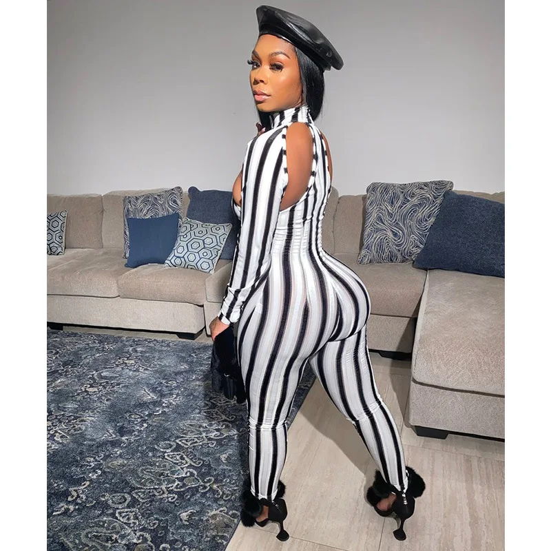 LEOSOXS woman High elastic striped print hollow out long-sleeve jumpsuit turtleneck street casual Sports long playsuit outfit