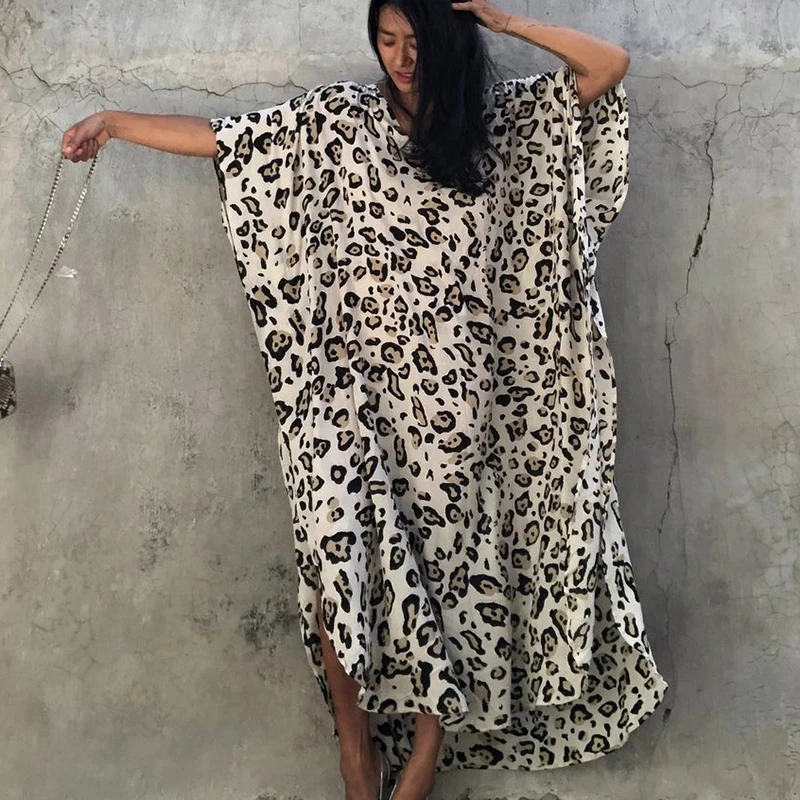 

Plus size Beach Maxi Dress Robe de Plage Cotton Leopard dot Belted Kaftan Holiday Dress Beach Cover up Sarong Pareo Bikini Dress