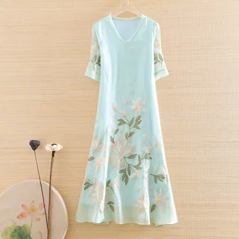 

Hi-end Spring And Summer 2020 Women Embroidery Elegant Lady Chinese Style Loose A-line Party Dress S-XXL