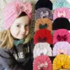 Baby Girls Solid Knitted Hat With Pleuche Bowknot Newborn Beanie Caps Big Bow Headwear Infant Toddler Hats Beanie Kids Headband 1