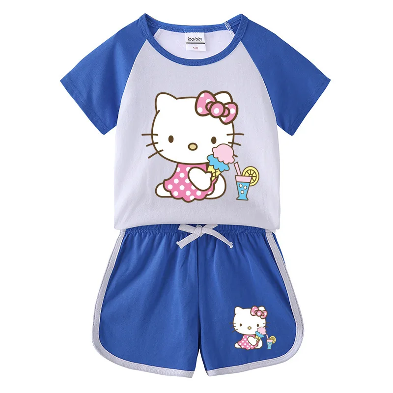 thumbnail image 1 of Hello Kitty-Camiseta de manga corta para niña, pantalones cortos deportivos informales, traje superior transpirable de algodón de dos piezas, novedad de verano, dibujos animados, 1 of 5