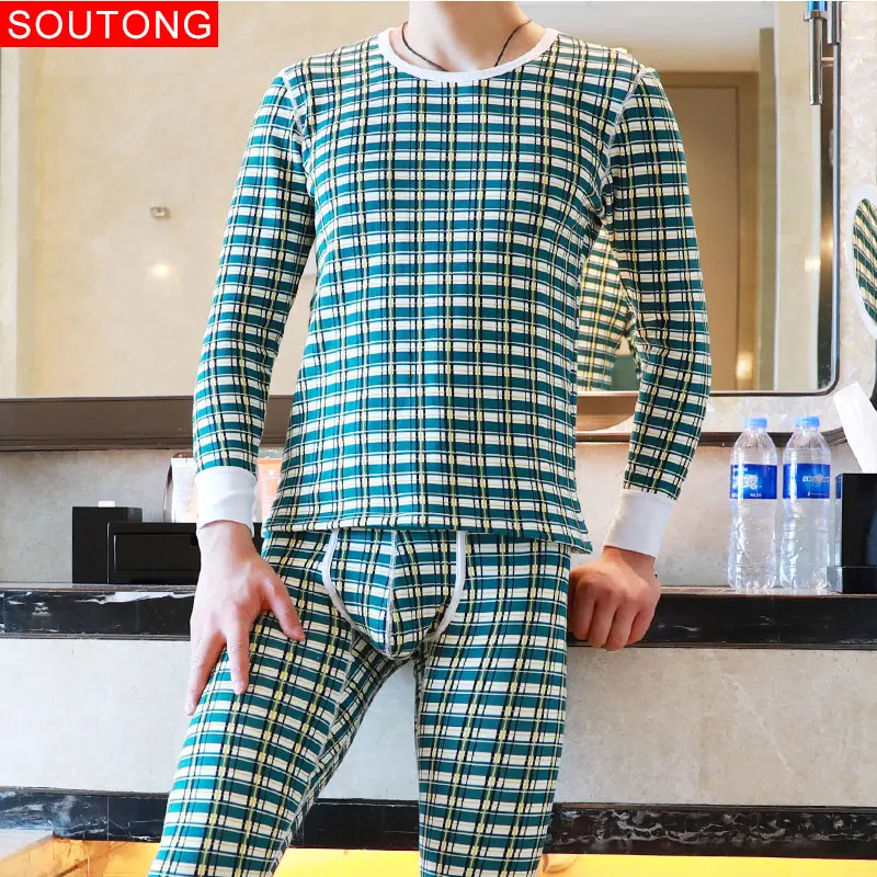 Soutong Winter Cotton Men Warm Thermal Underwear Men Long Johns Thermal Underwear Thick Plus Velvet Long Johns Sets - Цвет: green