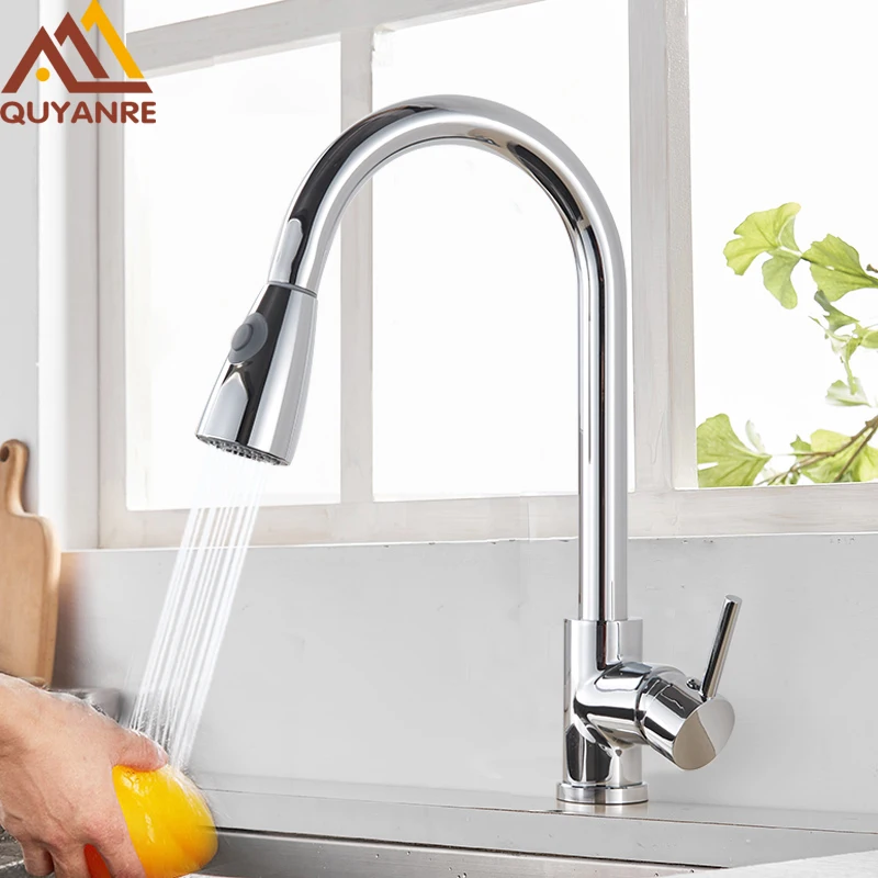  Quyanre RU Shipment Chrome Nickel Pull Out Kitchen Faucet With 2-way Sprayer 360 Rotation Single Ha - 32864316552