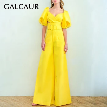 

GALCAUR Jumpsuits For Women Square Collar Lantern Half Sleeve High Waist Side Split Flare Pants Female Fashion 2020 New Clothes
