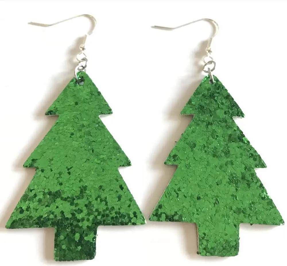 

Boho Red Green Glitter Christmas Tree Earrings Trendy Faux Leather Earrings for Women Earing Christmas Jewelry Wholesale