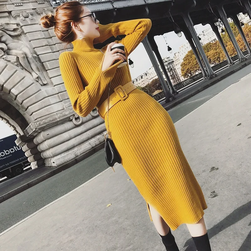 

Turtleneck Women Sweater Dress Split Hem Belt Casual Slim Long Sleeve Ladies Winter Dress Female Yellow Pullover Knitted Dress
