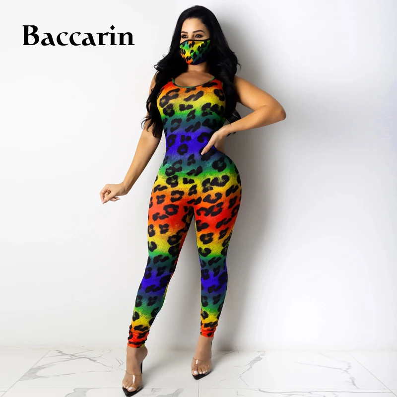 

Baccarin leopard tie dye rainbow women long jumpsuit sleeveless bodycon skinny streetwear 2020 summer clothes fitness club party