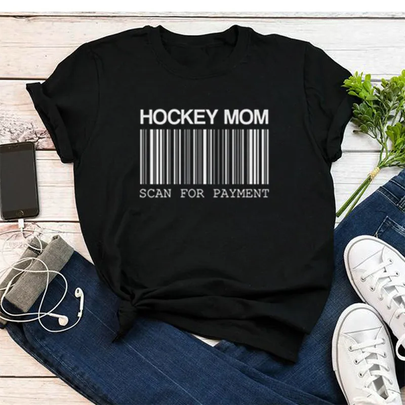 Женская футболка с надписью «HOCKEY MOM SCAN FOR PAYMENT», забавная креативная хлопковая футболка, топ с коротким рукавом, футболка для мамы harajuku, одежда - Цвет: Черный