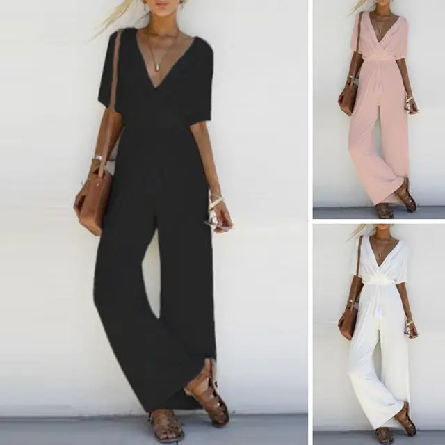 Women Jumpsuit Romper Short Sleeve V Neck Casual Playsuit Overalls Ladies Wide Leg Loose White Black Pink Playsuit Solid Jersey 3