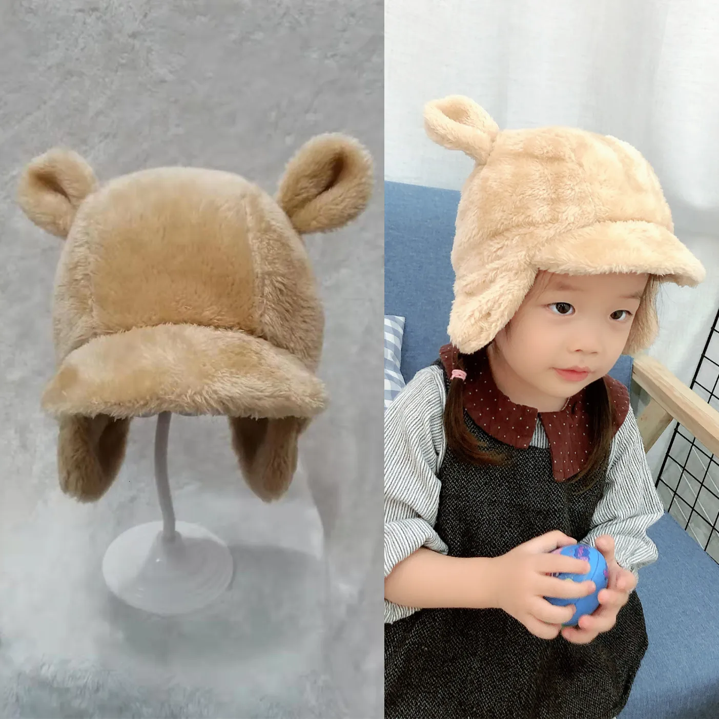 khaki Kawaii/Детские трикотажные шапки с кошачьими ушками и шарфом; зимние ветрозащитные теплые шапочки для мальчиков и девочек; шапочки для детей - Цвет: khaki