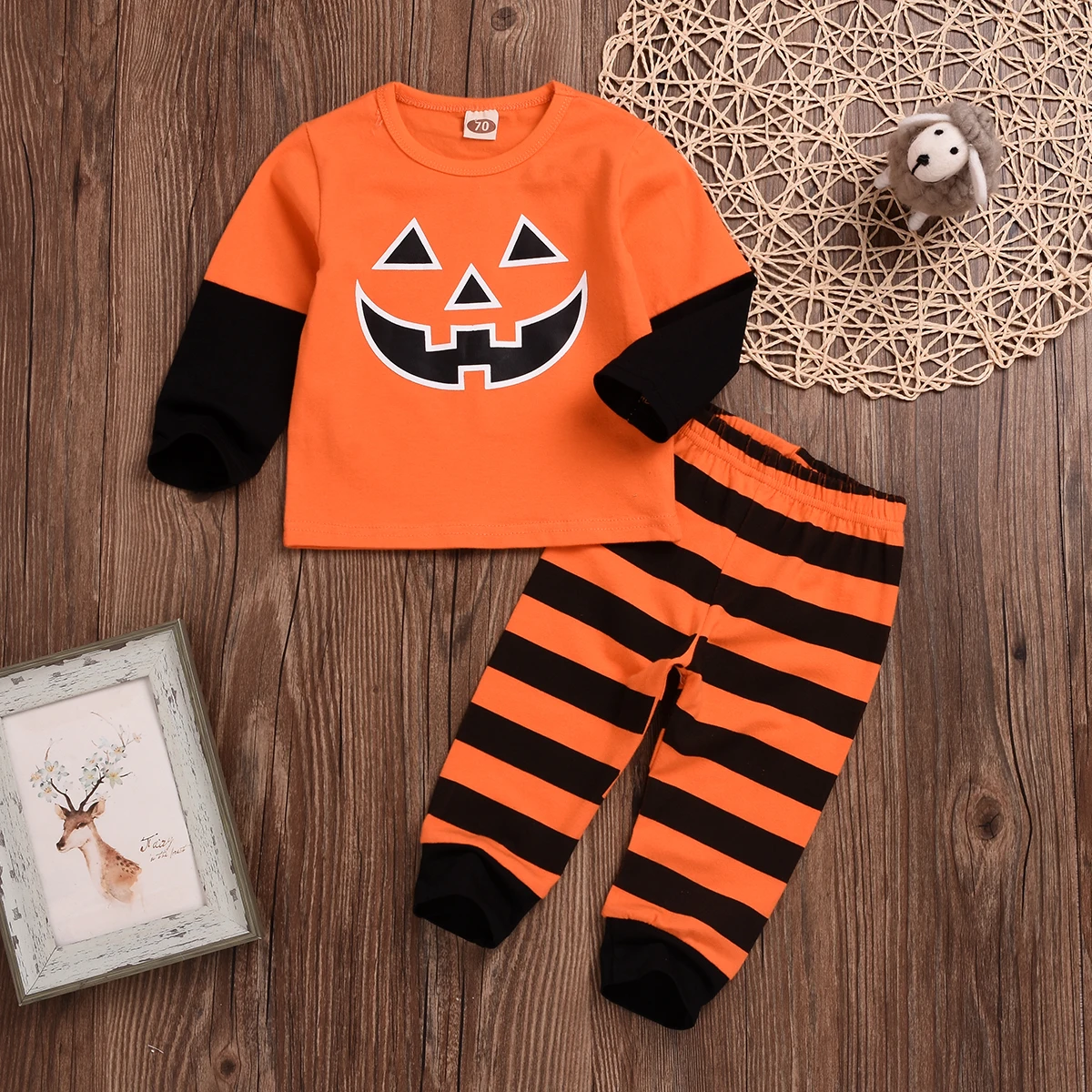 0-18M Halloween Newborn Baby Boys Girls Clothes Set Long Sleeve Pumpkin T Shirts + Striped Pants Outfits Autumn Baby Clothing