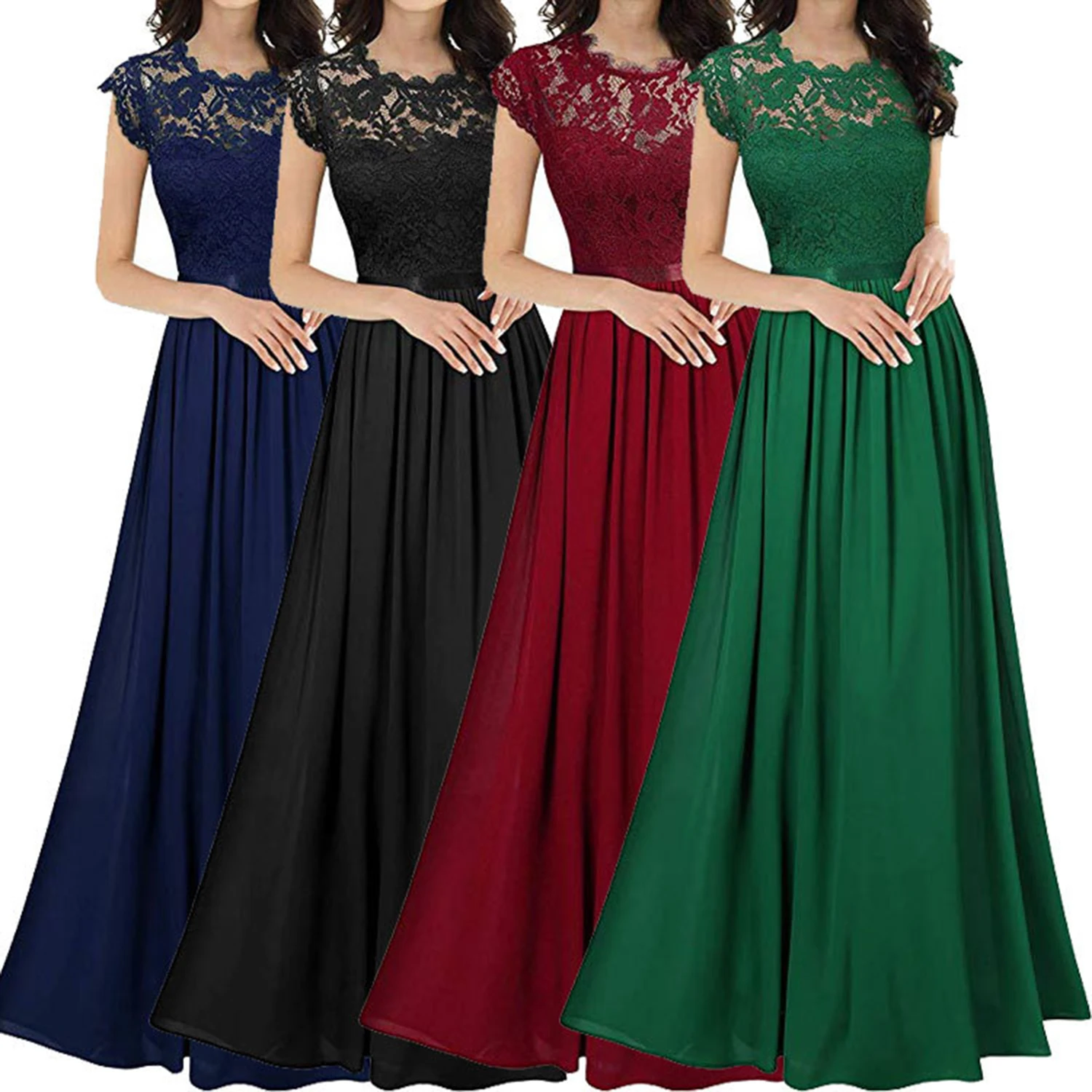 Women's Elegant Vintage Floral Lace Hollow out Chiffon Long Evening Party Dress Formal Maxi Dresses shirt dress