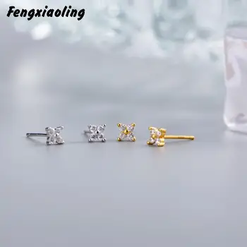 

Fengxiaoling 925 Sterling Silver Simple Joker Earrings For Women Mosaic Cubic Zirconia Leafs Mini Stud Earings Fashion Jewelry