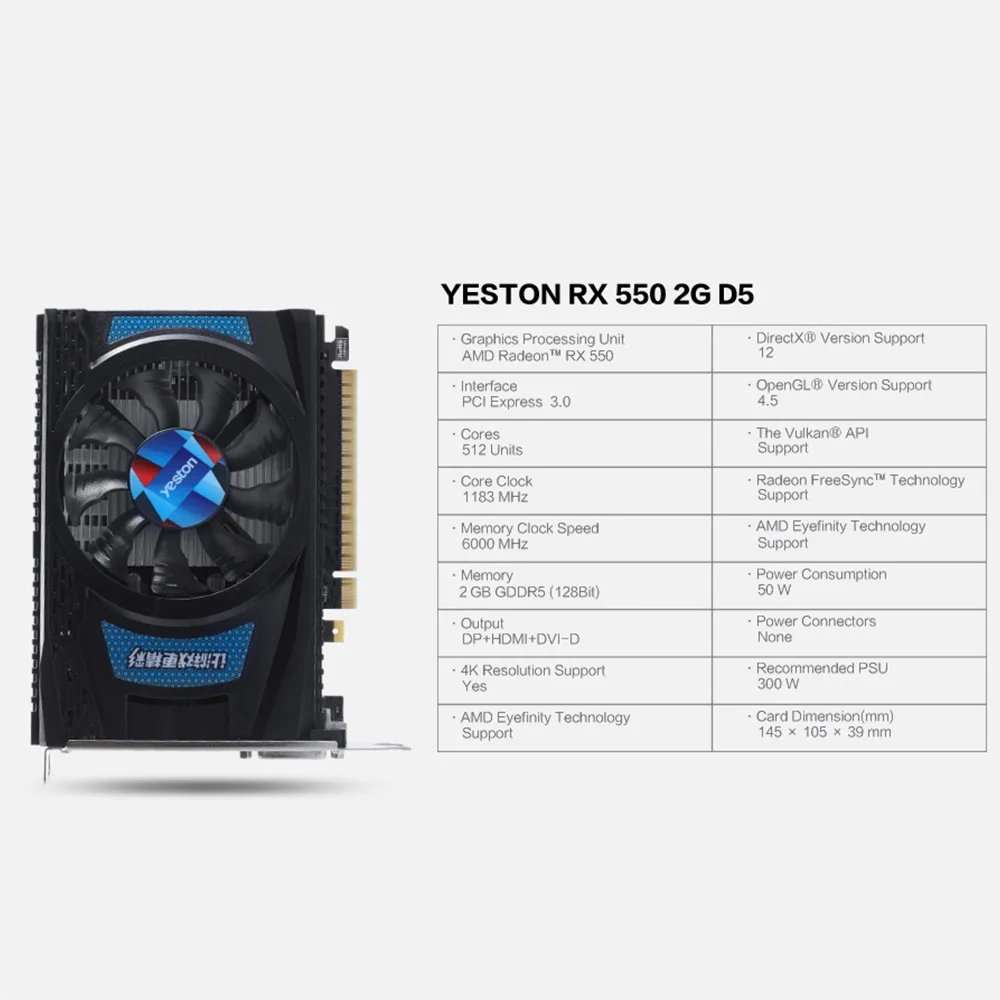 Yeston Radeon RX 550 GPU 2 ГБ GDDR5 128 бит игровой настольный компьютер ПК видеокарты Поддержка
