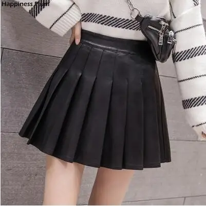 

Женская плиссированная юбка из искусственной кожи, трапециевидная мини-юбка с завышенной талией, шикарная юбка фигуристки, Осень-зима 2021