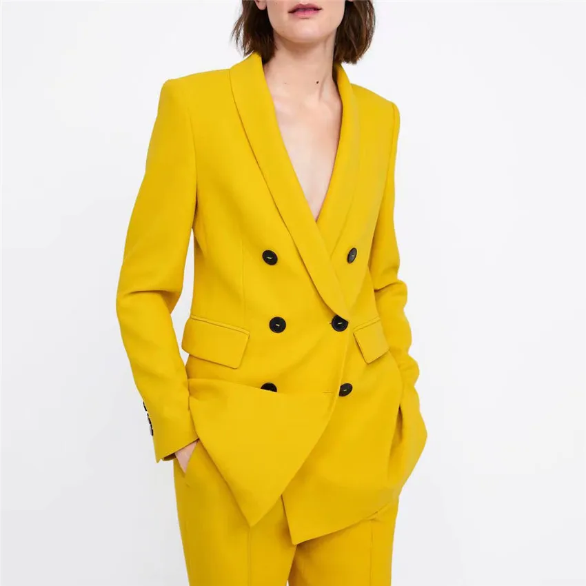 2019 женские элегантные желтые блейзеры и куртки с карманами, двубортная верхняя одежда, Офисная Женская рабочая одежда, шикарные топы