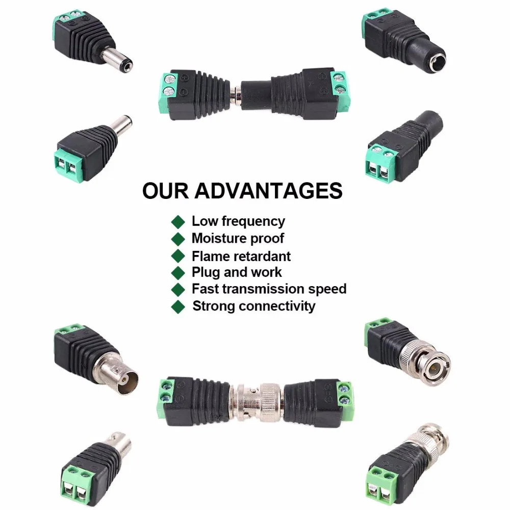 DC разъем питания мужской и женский и BNC Мужской и Женский Видео Balun Разъем Комплект для CCTV камеры безопасности светодиодный терминал