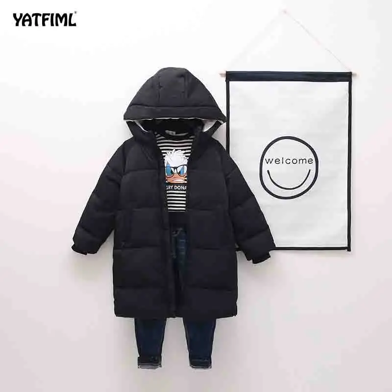 YATFIML/детская одежда; Одежда для мальчиков; теплая зимняя хлопковая куртка-пуховик; пальто с капюшоном; Водонепроницаемая утепленная верхняя одежда для детей - Цвет: black