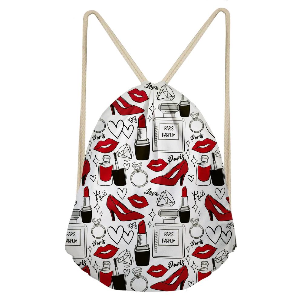 

THIKIN Polyester Drawstring Bag for Women's Cartoon Cosmetics Pattern Print Shoulder Bags Girls Beach Pouch Custom Bag Mochila