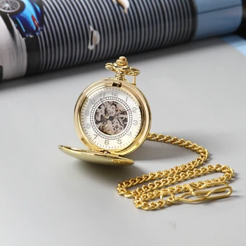 

Vintage Skeleton Roman Numbers Mechanical Golden Hunter Mechanical Hand Winding Steampunk Fob Chain Men Pocket Watch
