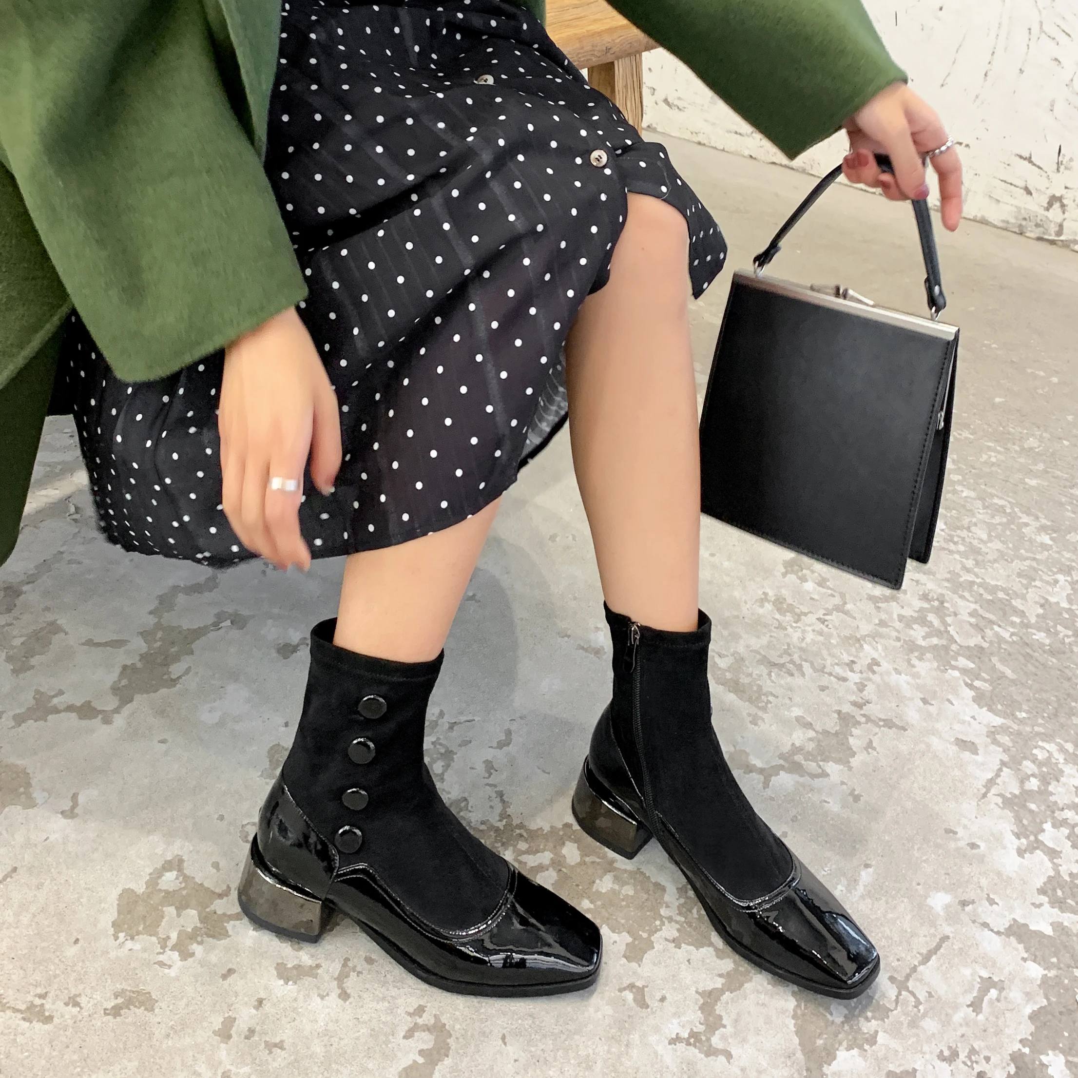 Women Boots Sock Knitting Winter Fashion High Heel Shoes Ladies Sock Boots Square Heels Stretch Fabric Woman Ankle Booties