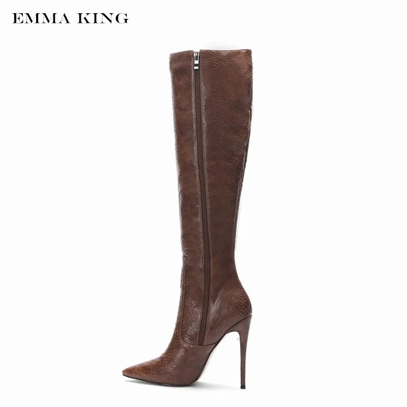 Emma king/ г.; зимние Роскошные винтажные женские сапоги до колена из змеиной кожи с замшевой подкладкой на тонком каблуке 10 см