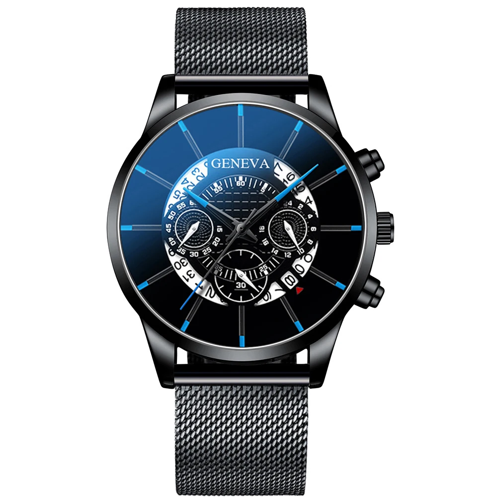Роскошные мужские часы из нержавеющей стали, часы с датой, кожаный сетчатый ремень, ультра тонкие наручные часы, спортивные деловые мужские часы, Relojes Masculino - Цвет: M black blue