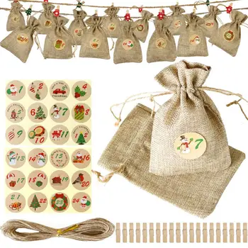 

Christmas Countdown Calendar Bags 24 Days Calendar Candy Bag Drawstring Pouch Cotton Linen Gift Bag Christmas Party Supplies