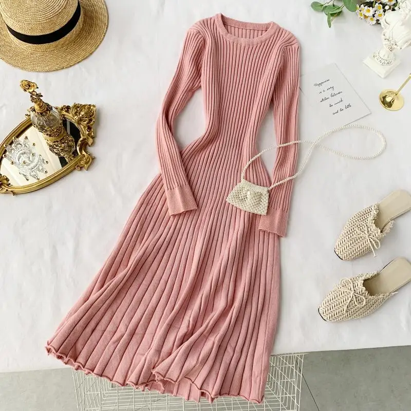 Женское Плиссированное вязаное платье SINGRAIN весеннее эластичное с круглым