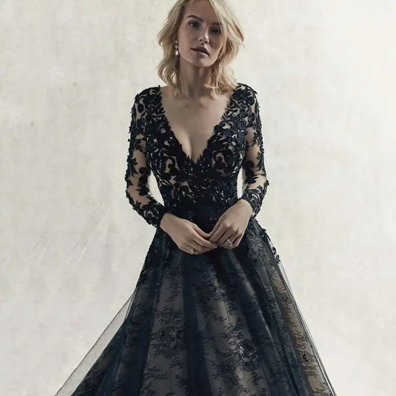 Black Wedding Dress 2019 Long Sleeve Lace Wedding Gowns ...