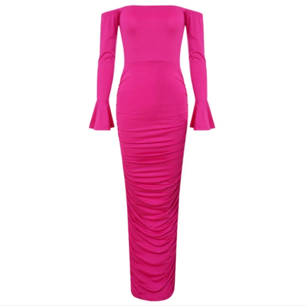 Осенние модные женские туфли Повседневный стиль, расклешенный рукав сплошной с открытыми плечами с длинным Расширенная книзу блуза с открытой спиной облегающее платье длинное платье Z4