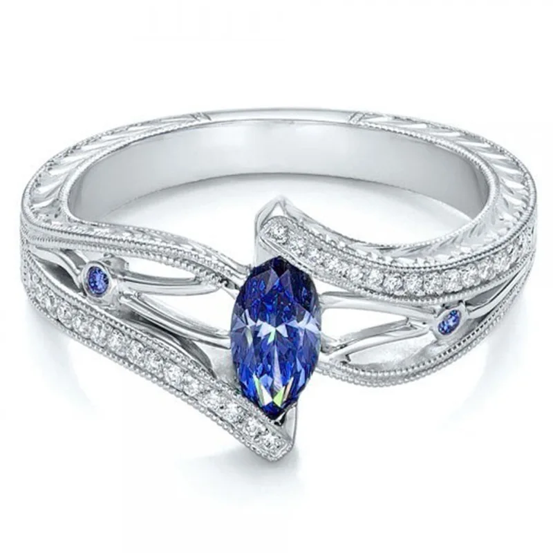 Fashion Women Rings Circle Royal Lake Blue Rhinestone Luxurious Accessories for Wedding Gift Jewelry 2020 | Украшения и