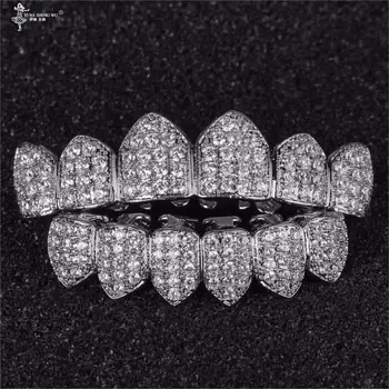 

Hip Hop Micro Paved Cubic Zirconia Bling Iced Out Teeth Grillzs Top Bottom Set Dental Grills Men Jewelry Gold Color Fashion 2019