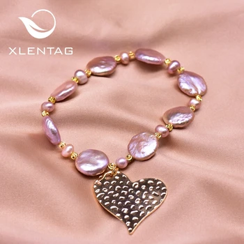 

XlentAg Designer Natural Baroque Pearl Purple Bracelet For Women Anniversay Girls Birthday Ladies Vintage Heart Jewelry GB0197-B