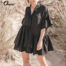 Женское платье с оборками, лето, женские пляжные платья, повседневные, на пуговицах, свободные, одноцветные, сексуальные, мини, короткие, vestidos mujer размера плюс