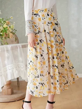 

Fashion Daisy Print Women Pleated Midi Skirt 2020 New Summer High Waist Split Wild Stylish Lady Long Skirts Holiday