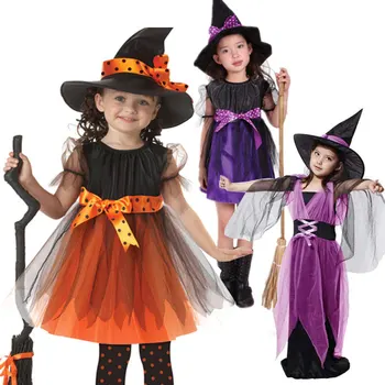 

Kids Children Girls Halloween Witch Dress+Hat Children's Day Princess Party Dresses Carnival Cosplay Costume EIG88