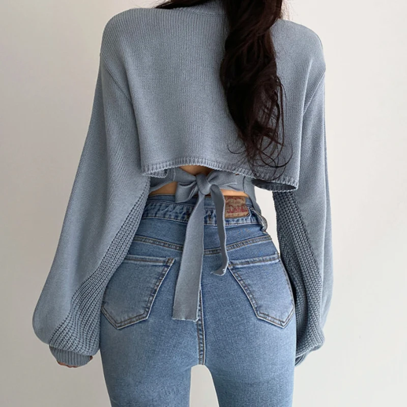 

ZCSNMLL Blue Pullover Vintage V-neck Back Tie Careful Machine Hollowing and Tying Wide Loose Lantern Sleeve Knit Sweater Women