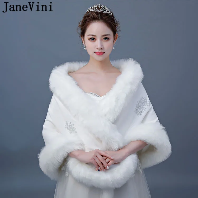 JaneVini White Fur Coat Jacket Faux Fur Cape Women Wedding Shawls Stoles Wrap Bride Wedding Dress Cloak Cape Bridal Boleros 2021