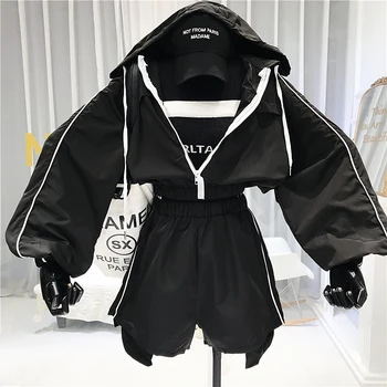 

Summer Womens Sweatsuit Casual Zipper Lantern Sleeve Hooded Tops+shorts Elastic Waist Above Knee, Mini 2piece set women