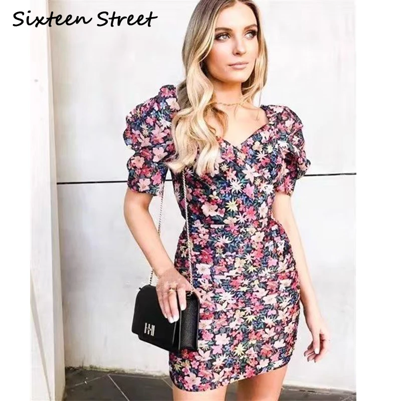 

Spring & Summer floral printed Dress puff sleeve V-neck elegant Chic Fsashion pleated sheath Dress female party summer clothing