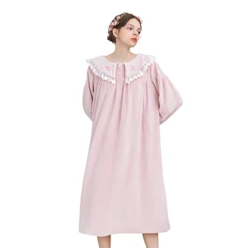 

Japanese Flannel Women Autumn and Winter Long-sleeved Stripes Cute Embroidered Coral Velvet Retro Palace Nightdress Long Section