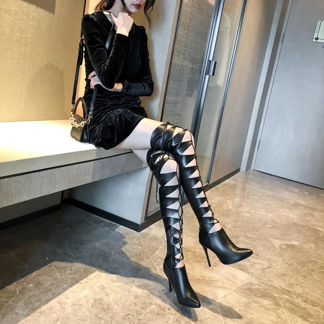 Women's Black Lace Thigh High Boots