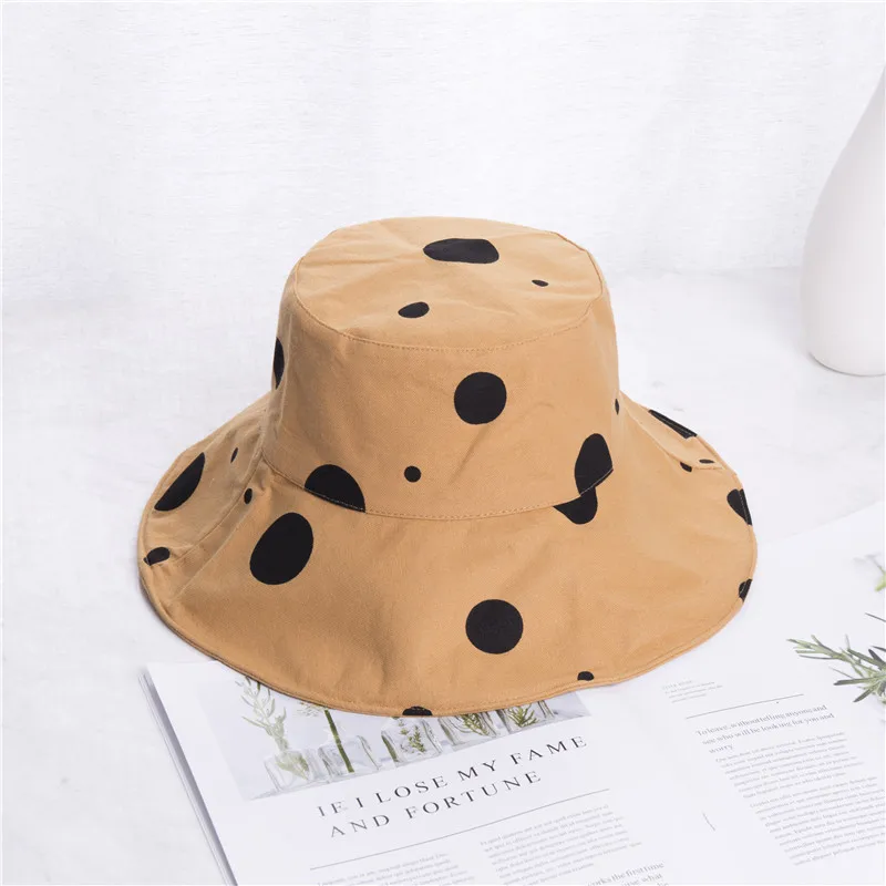 Sun Hat Women Summer Foldable Bucket Hat Harajuku Large Brim Dot Printed Beach Sun Hat Japanese Style Yellow Black Khaki Beige   (11)