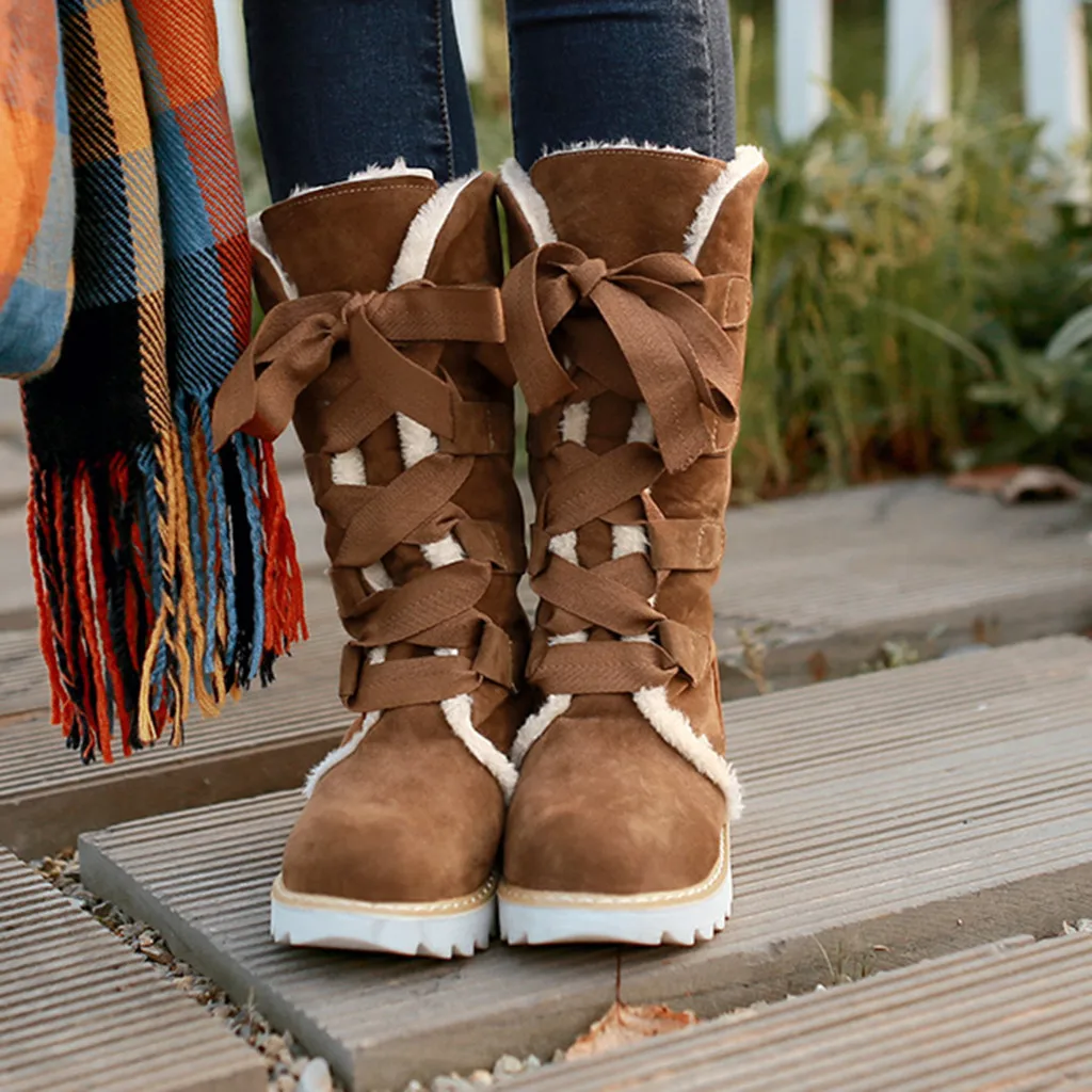 Women Over The Knee Boots Leopard Print Winter Plush Fur Platform Boots Round Toe Lace-up Flat Vintage Plus Size Snow Boots