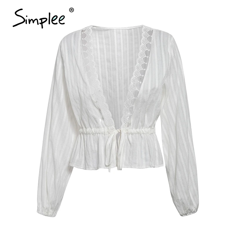Simplee сексуальная белая женская блузка с глубоким v-образным вырезом, рубашки, винтажные праздничные весенние летние шикарные топы, повседневные кружевные короткие топы с длинным рукавом