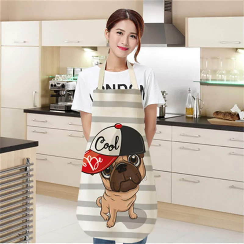 1Pc Cartoon Dog Kitchen Cooking Aprons For Women Chefs Baking Bibs Waterproof Cotton Linen Household Cleaning Apron Delantales